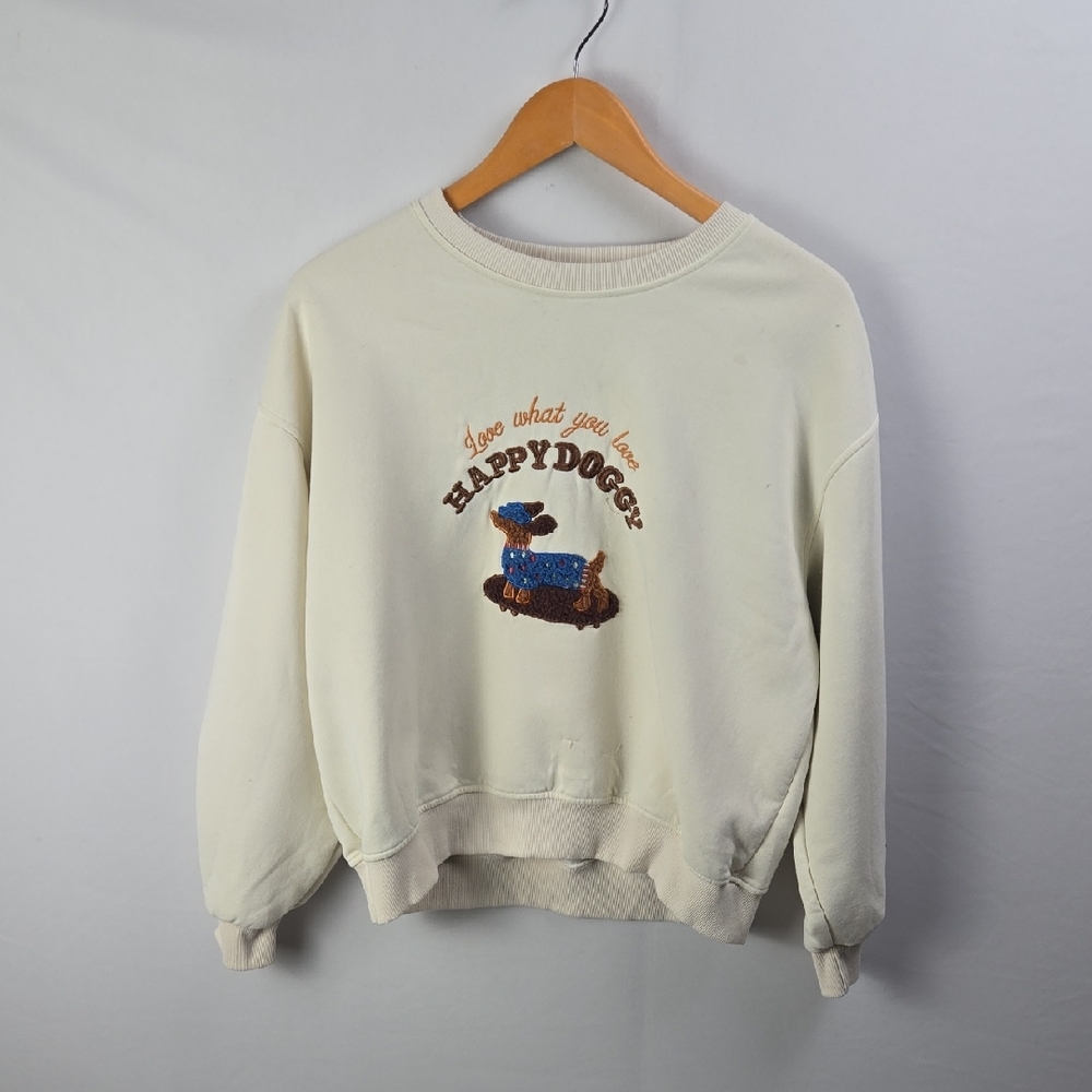 "Happy Dog" Love What U Love Cream Dachshund Embroidered Pullover‎ Sweatshirt